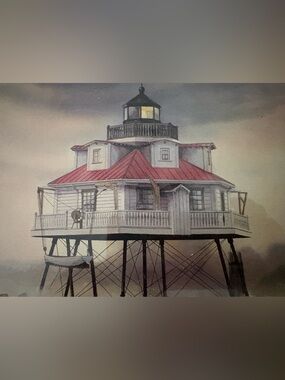 Seaside Lighthouse Print with Red Roof - Coastal Home Art “HARBOUR LIGHTS”